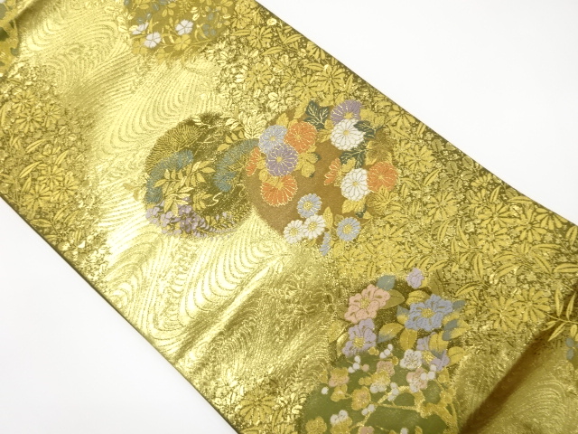 流水に花丸模様織り出し　袋帯